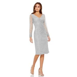 Mac Duggal 12408 NWT LONG SHEER SLEEVE V-NECK MIDI DRESS